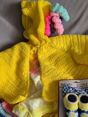 Bright Yellow Crochet Baby Hooded Cardigan And Skirt With Shoes And Onesy